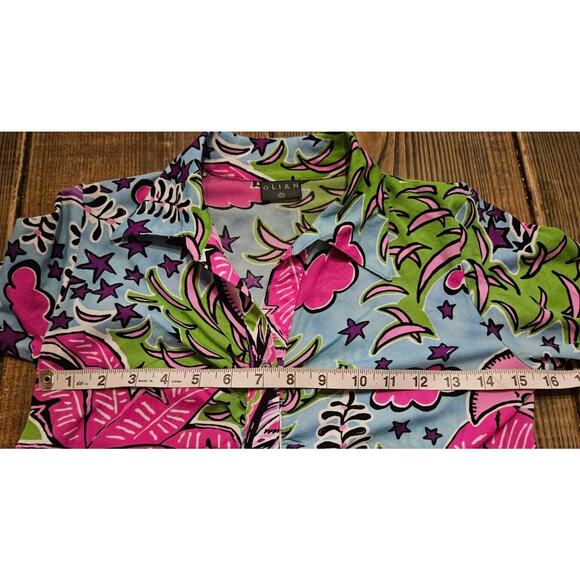 Vintage Y2K Womens Top Small Pink Blue Moon Sky Tropical Ruched Button Up Shirt - Picture 10 of 11